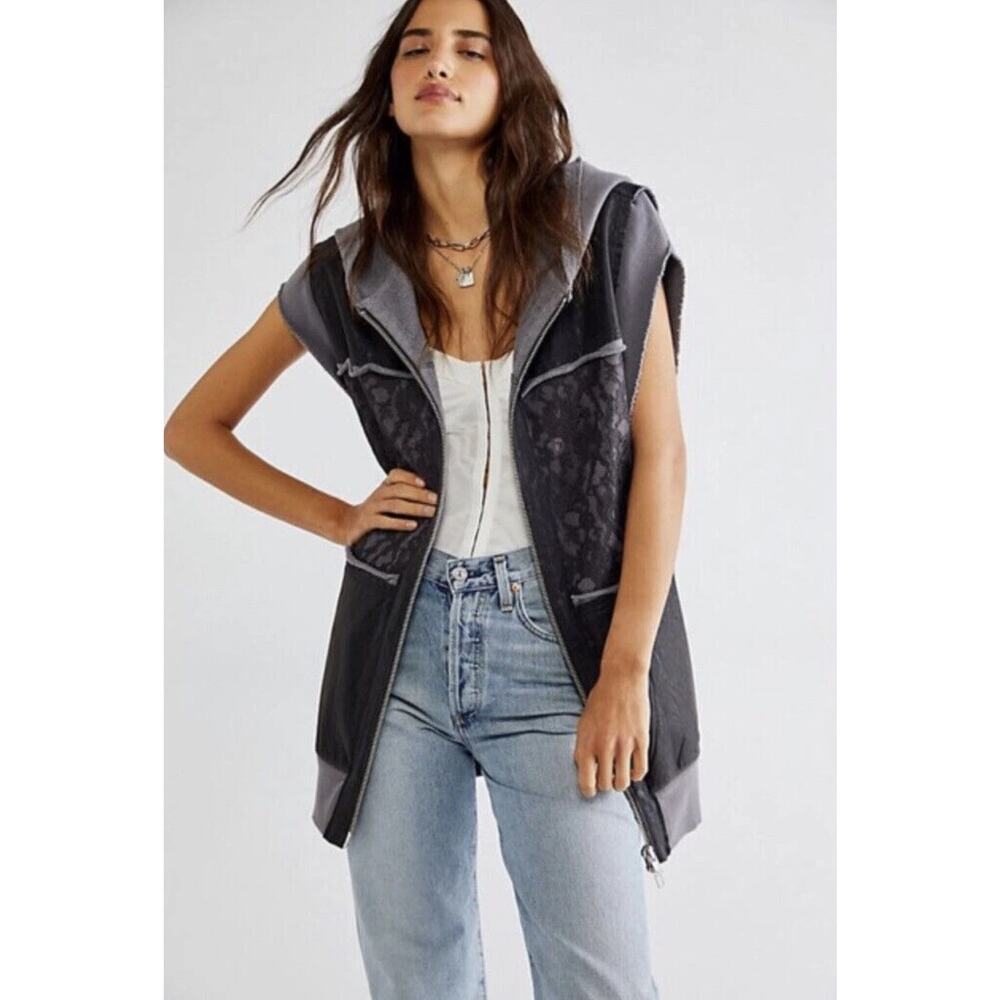 Free People Gray Patchwork Hooded Vest Small Grunge